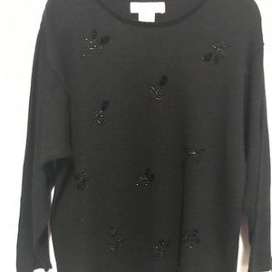 Victoria Jones Black Sweater. Beaded/Velvet Floral
